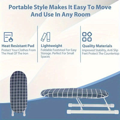 Una tabla de planchar plegable compacta y portátil con pies antideslizantes, alfombrilla resistente al calor y un marco de acero engrosado - Diseñada para ahorrar espacio en salas de costura y manualidades, mide 25,91 x 10,92 x 7,87 cm, esta pequeña tabl