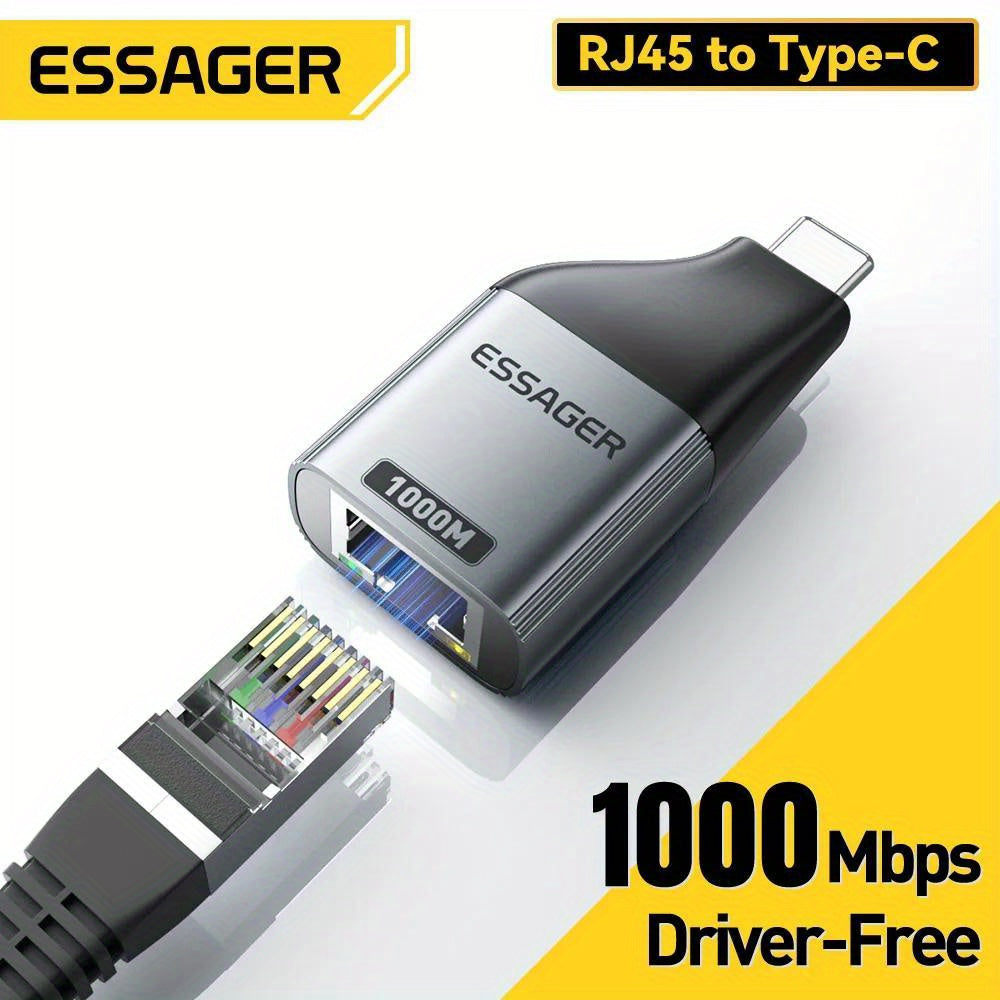 1pc Essager Adaptador de Ethernet Gigabit 100/1000Mbps, RJ45 a Tipo-C, Adaptador de red sin controlador para Windows, Mac OS, Linux, Android, iPad OS