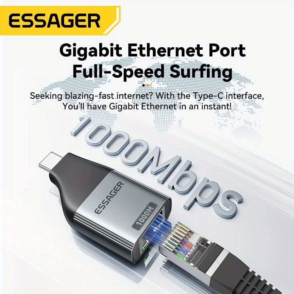 1pc Essager Adaptador de Ethernet Gigabit 100/1000Mbps, RJ45 a Tipo-C, Adaptador de red sin controlador para Windows, Mac OS, Linux, Android, iPad OS