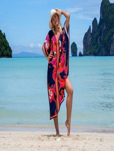 Vestido de una pieza con manga larga tipo pareo para playa, con estampado impreso, ideal para vacaciones, cubre bikini y protege del sol