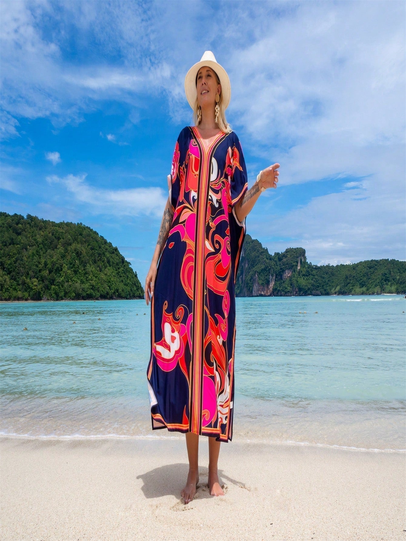 Vestido de una pieza con manga larga tipo pareo para playa, con estampado impreso, ideal para vacaciones, cubre bikini y protege del sol