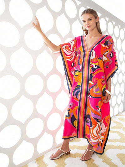 Vestido de una pieza con manga larga tipo pareo para playa, con estampado impreso, ideal para vacaciones, cubre bikini y protege del sol