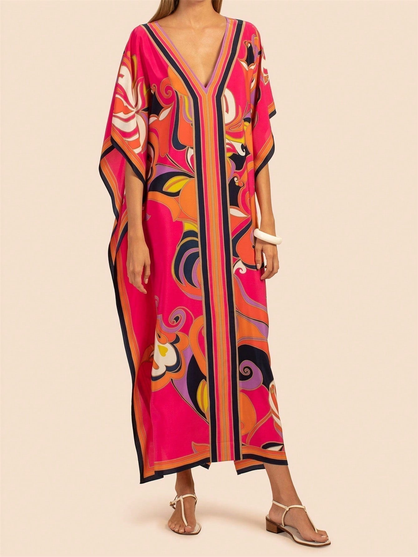 Vestido de una pieza con manga larga tipo pareo para playa, con estampado impreso, ideal para vacaciones, cubre bikini y protege del sol