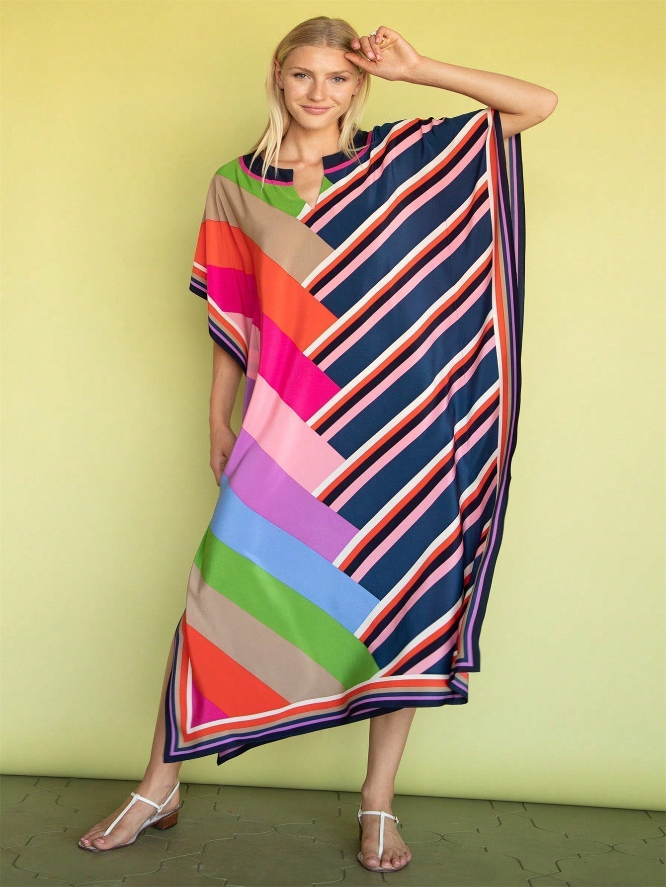 Vestido de una pieza con manga larga tipo pareo para playa, con estampado impreso, ideal para vacaciones, cubre bikini y protege del sol