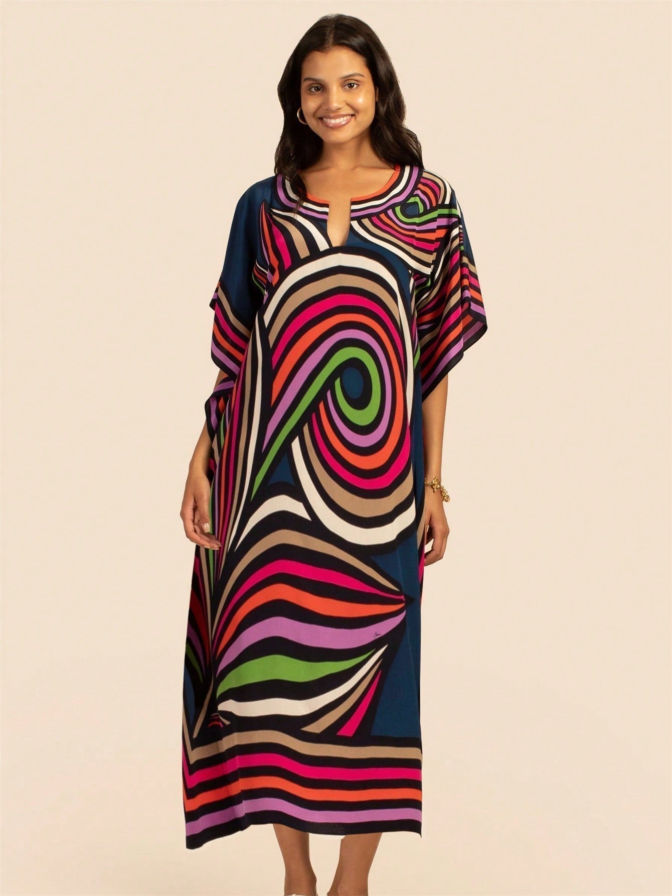 Vestido de una pieza con manga larga tipo pareo para playa, con estampado impreso, ideal para vacaciones, cubre bikini y protege del sol