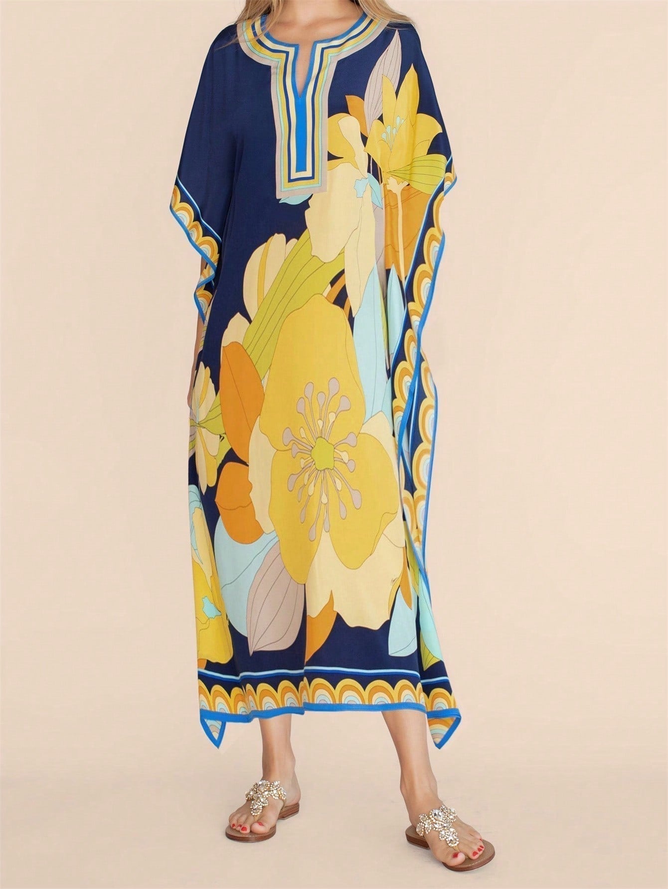 Vestido de una pieza con manga larga tipo pareo para playa, con estampado impreso, ideal para vacaciones, cubre bikini y protege del sol