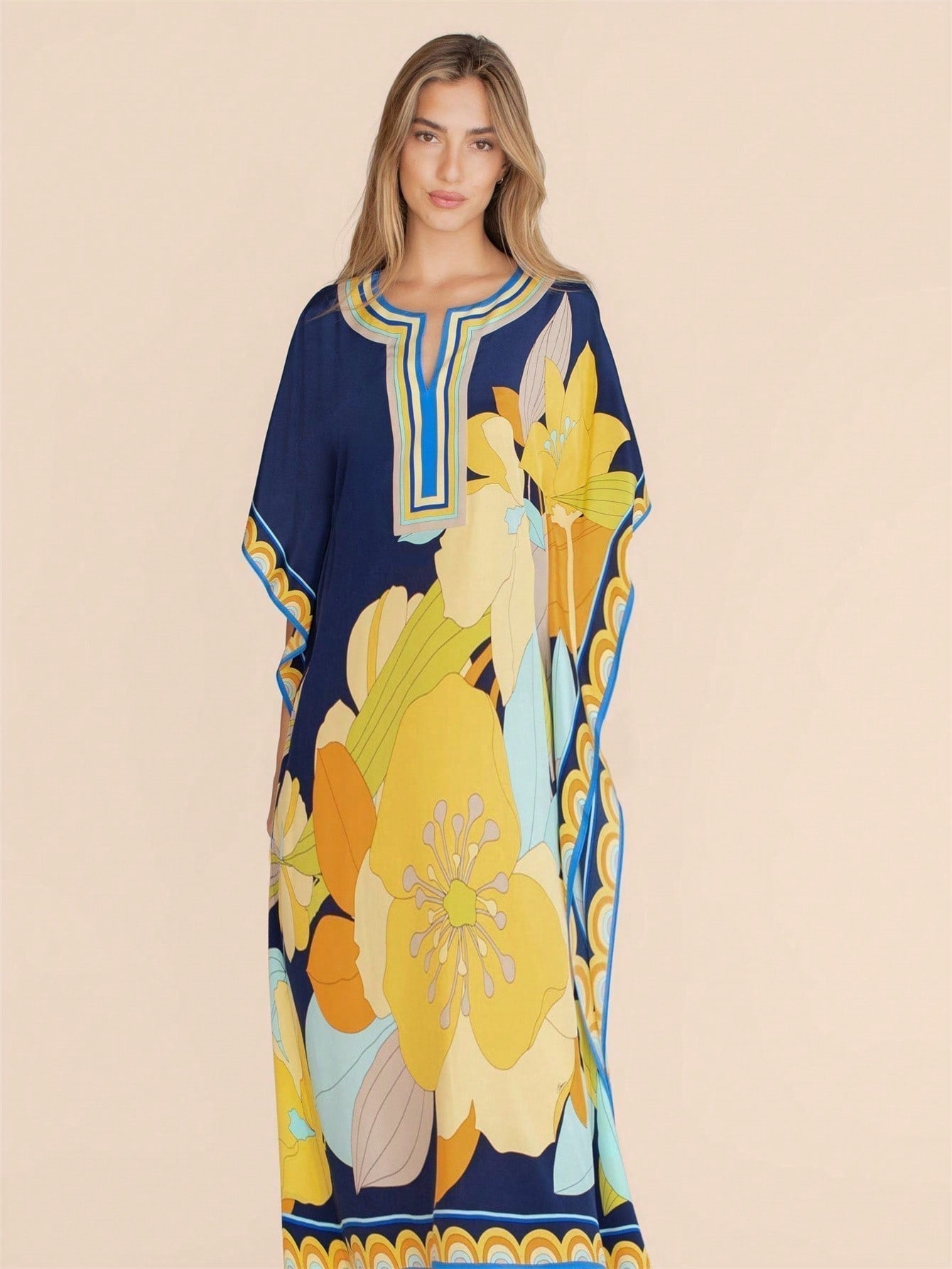 Vestido de una pieza con manga larga tipo pareo para playa, con estampado impreso, ideal para vacaciones, cubre bikini y protege del sol