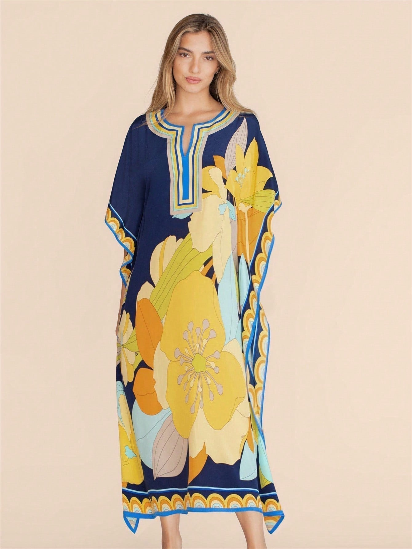 Vestido de una pieza con manga larga tipo pareo para playa, con estampado impreso, ideal para vacaciones, cubre bikini y protege del sol