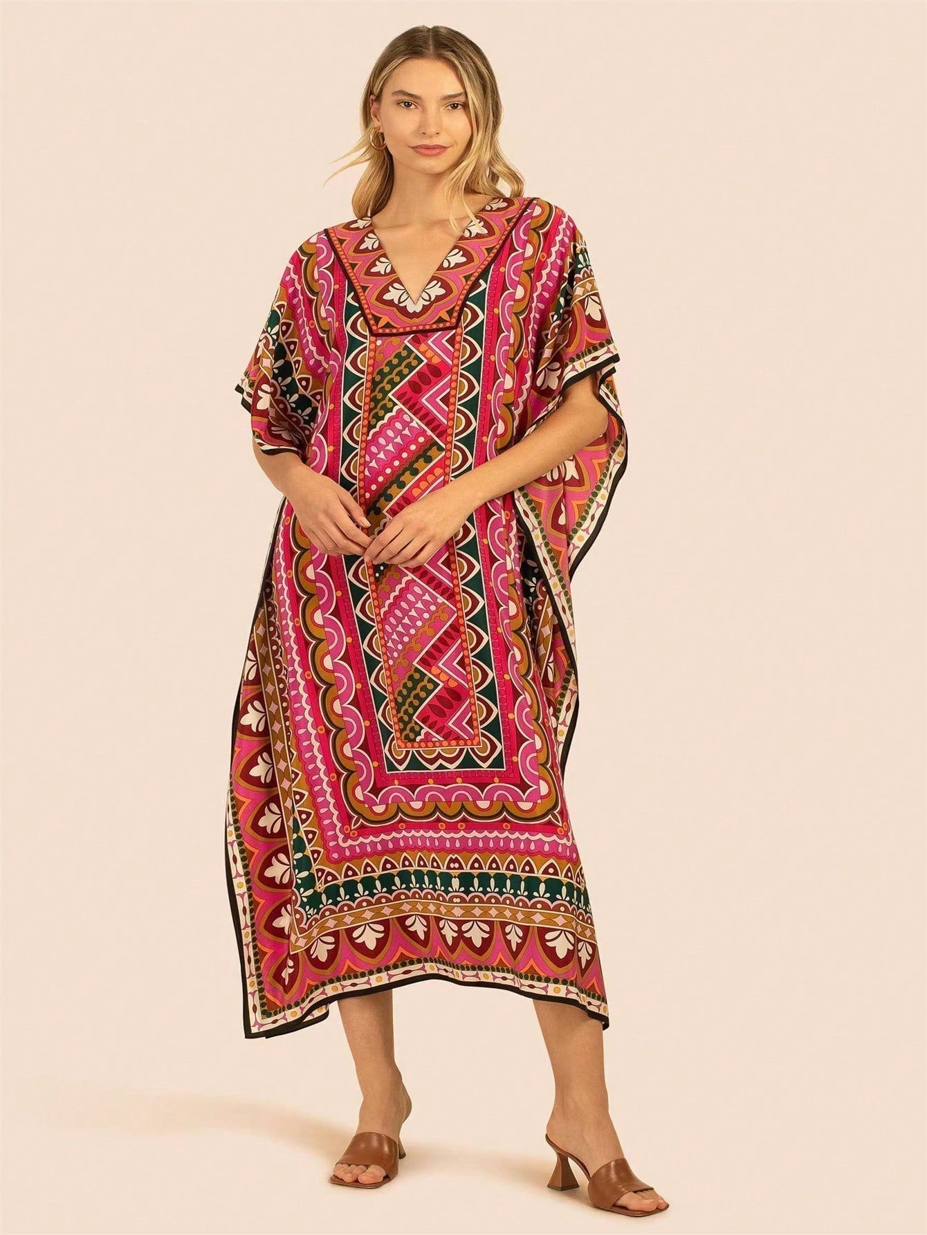 Vestido de una pieza con manga larga tipo pareo para playa, con estampado impreso, ideal para vacaciones, cubre bikini y protege del sol