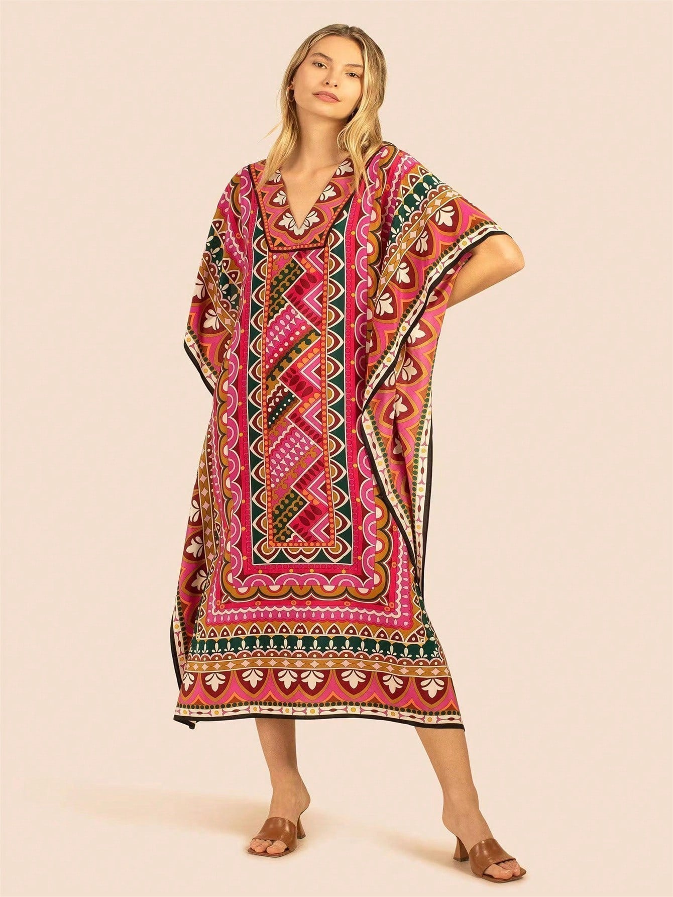 Vestido de una pieza con manga larga tipo pareo para playa, con estampado impreso, ideal para vacaciones, cubre bikini y protege del sol