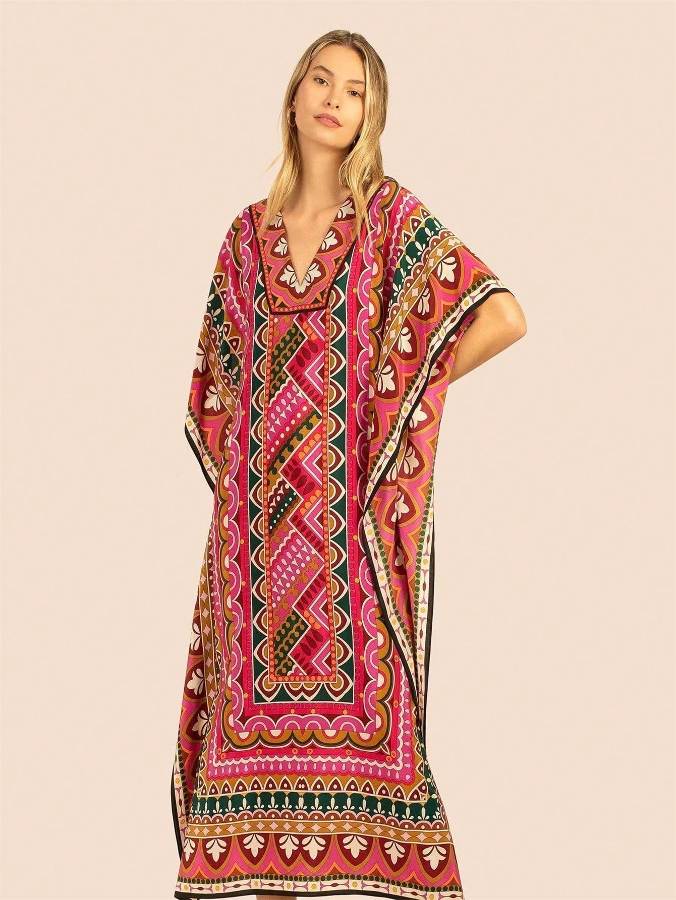 Vestido de una pieza con manga larga tipo pareo para playa, con estampado impreso, ideal para vacaciones, cubre bikini y protege del sol