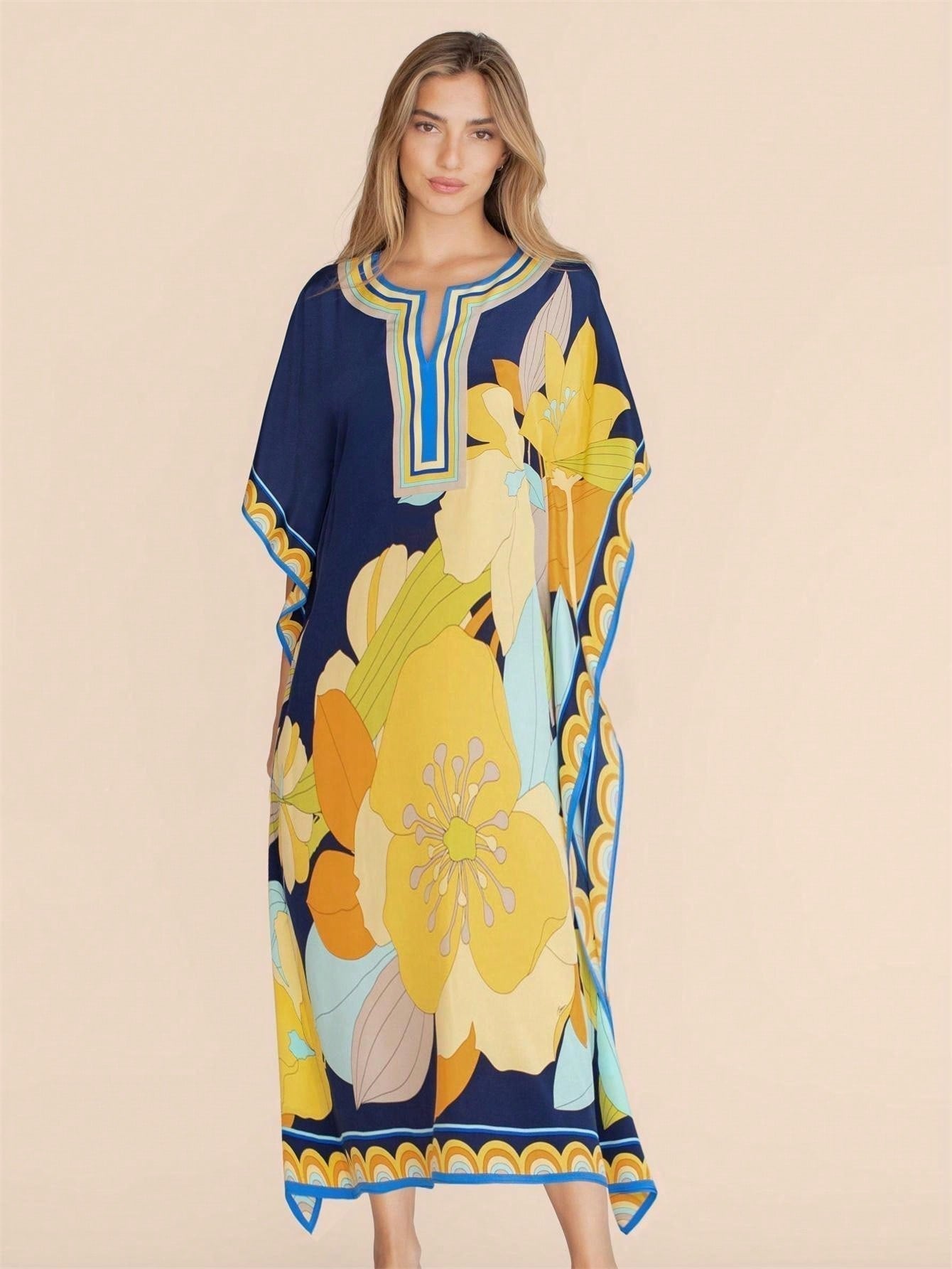 Vestido de una pieza con manga larga tipo pareo para playa, con estampado impreso, ideal para vacaciones, cubre bikini y protege del sol