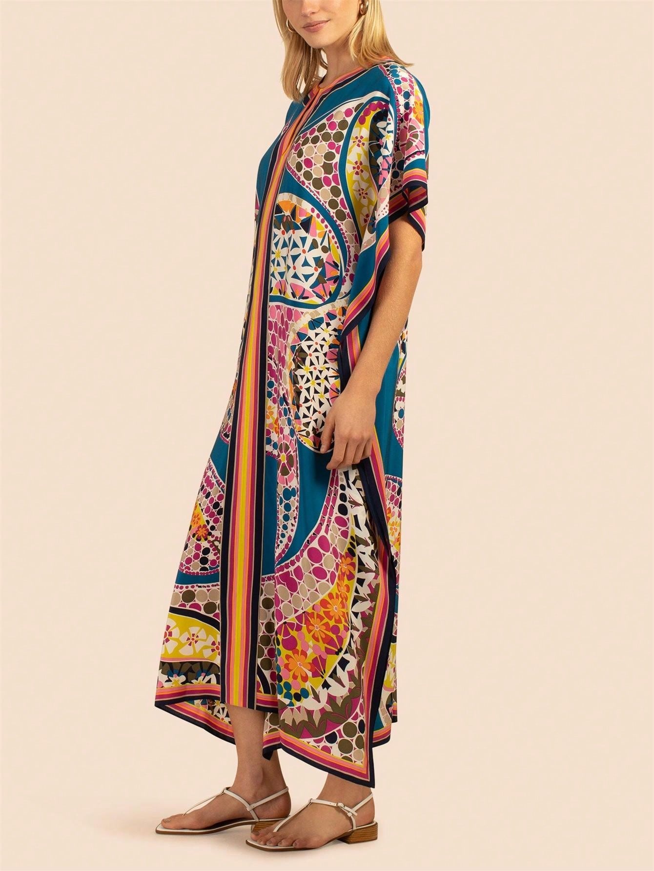 Vestido de una pieza con manga larga tipo pareo para playa, con estampado impreso, ideal para vacaciones, cubre bikini y protege del sol
