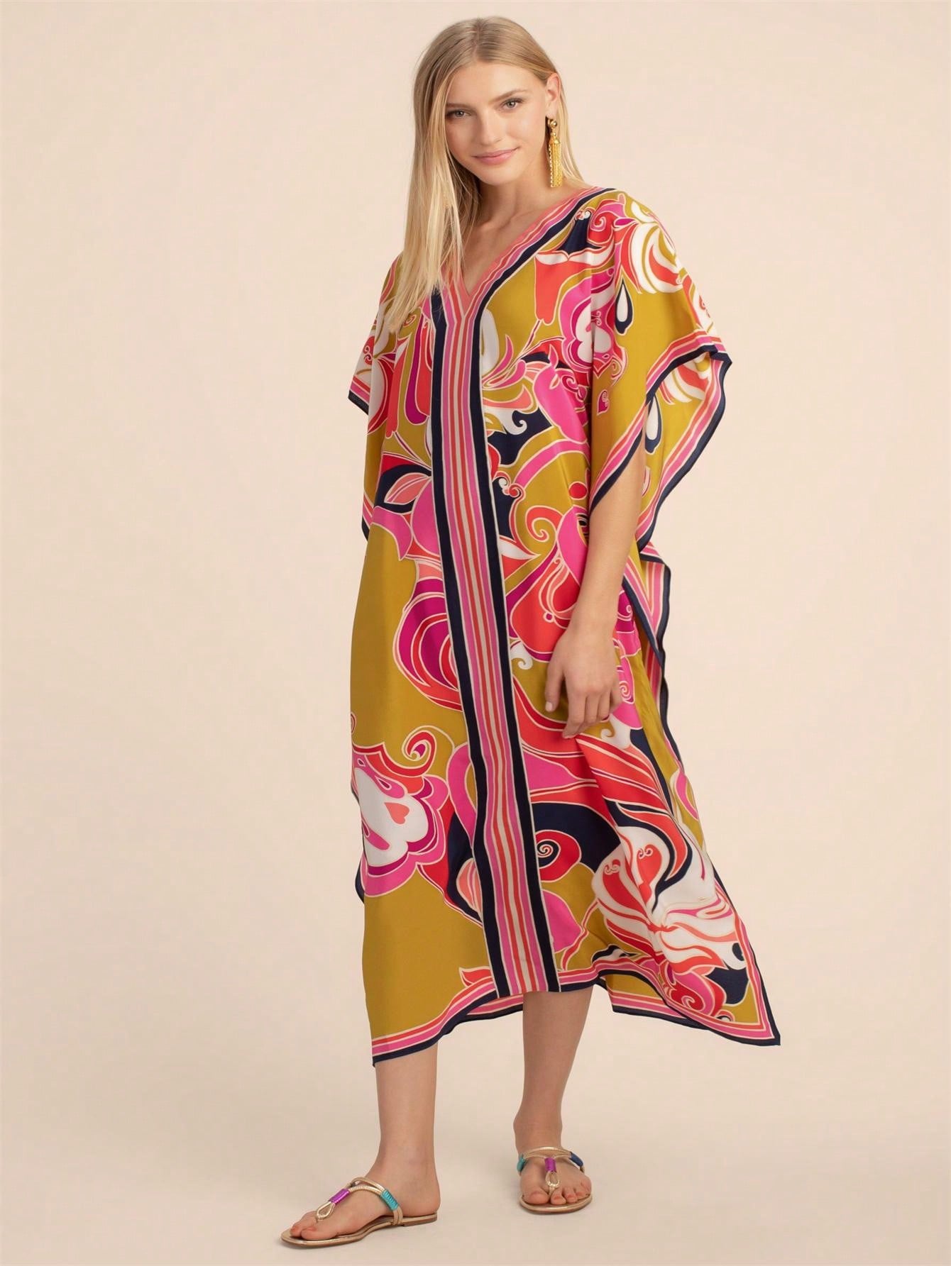 Vestido de una pieza con manga larga tipo pareo para playa, con estampado impreso, ideal para vacaciones, cubre bikini y protege del sol