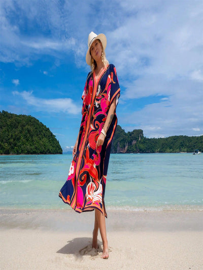 Vestido de una pieza con manga larga tipo pareo para playa, con estampado impreso, ideal para vacaciones, cubre bikini y protege del sol
