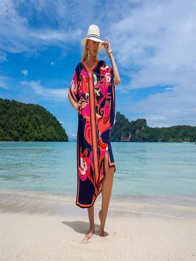 Vestido de una pieza con manga larga tipo pareo para playa, con estampado impreso, ideal para vacaciones, cubre bikini y protege del sol