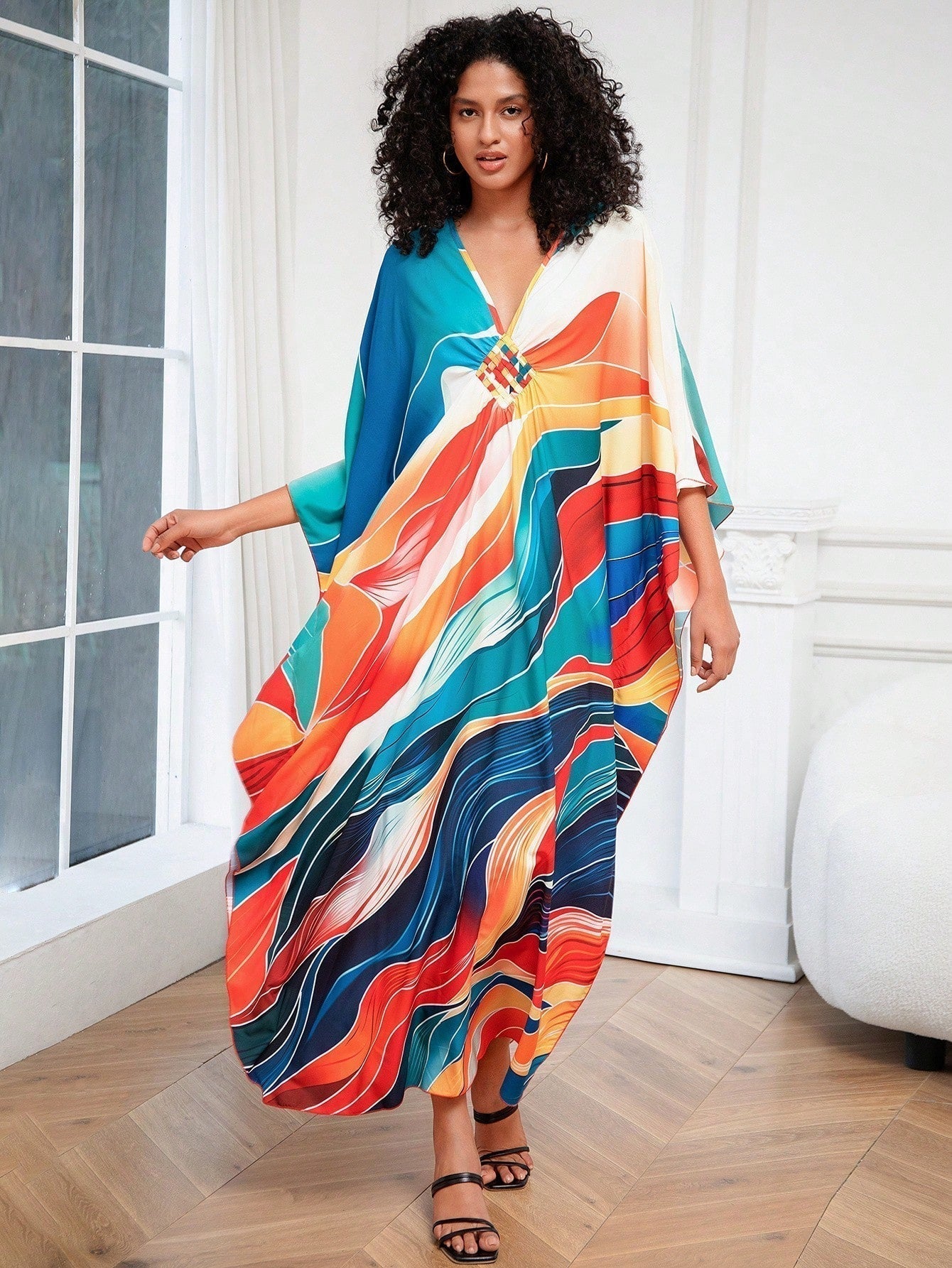 Vestido de punto hecho a mano con aberturas laterales y estampado, vestido de playa de cobertura para mujer