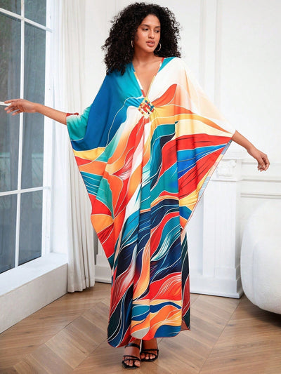Vestido de punto hecho a mano con aberturas laterales y estampado, vestido de playa de cobertura para mujer