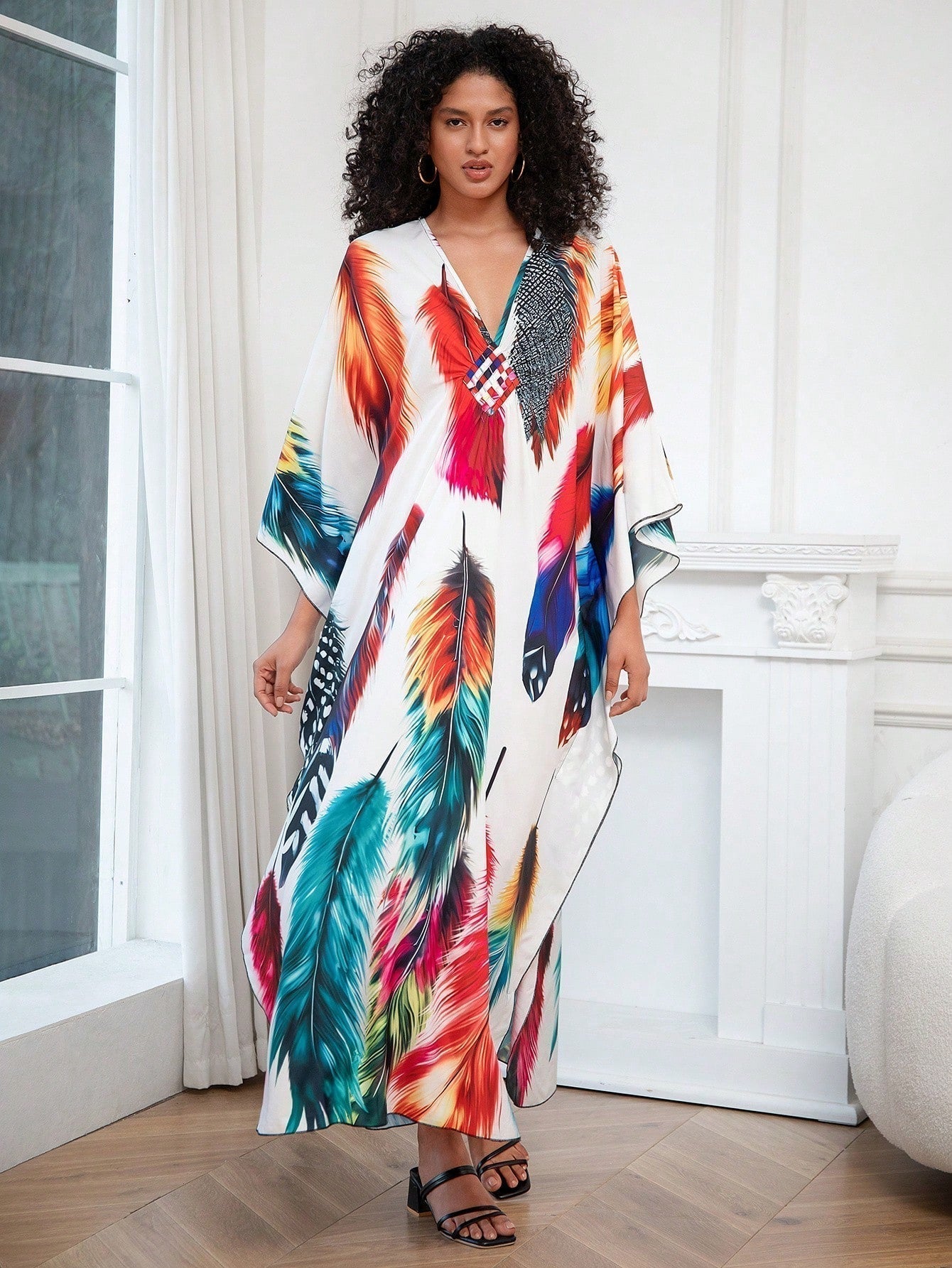 Vestido de punto hecho a mano con aberturas laterales y estampado, vestido de playa de cobertura para mujer