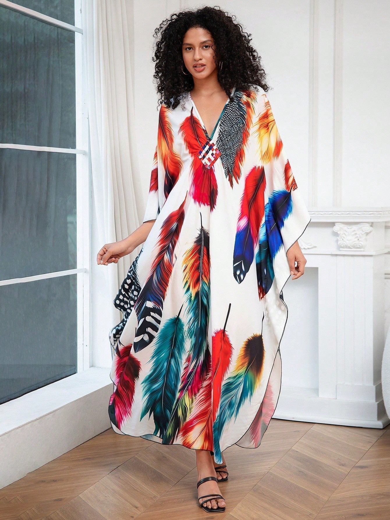 Vestido de punto hecho a mano con aberturas laterales y estampado, vestido de playa de cobertura para mujer