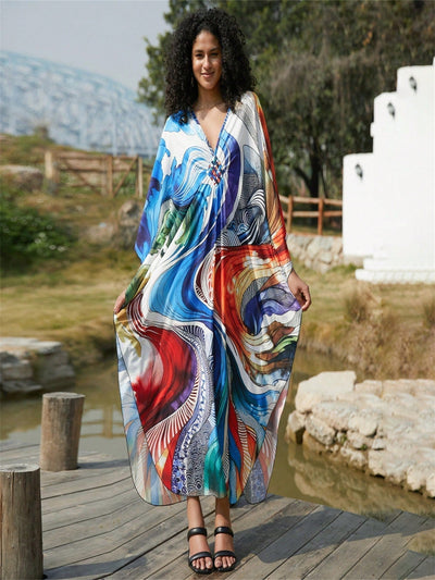 Vestido de punto hecho a mano con aberturas laterales y estampado, vestido de playa de cobertura para mujer