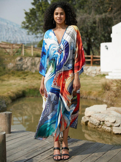 Vestido de punto hecho a mano con aberturas laterales y estampado, vestido de playa de cobertura para mujer