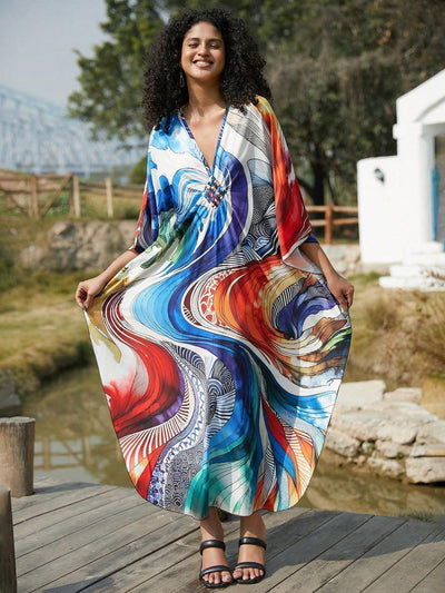 Vestido de punto hecho a mano con aberturas laterales y estampado, vestido de playa de cobertura para mujer