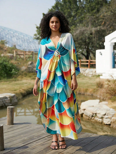 Vestido de punto hecho a mano con aberturas laterales y estampado, vestido de playa de cobertura para mujer