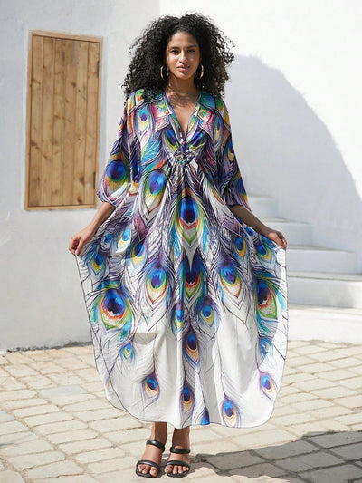Vestido de punto hecho a mano con aberturas laterales y estampado, vestido de playa de cobertura para mujer