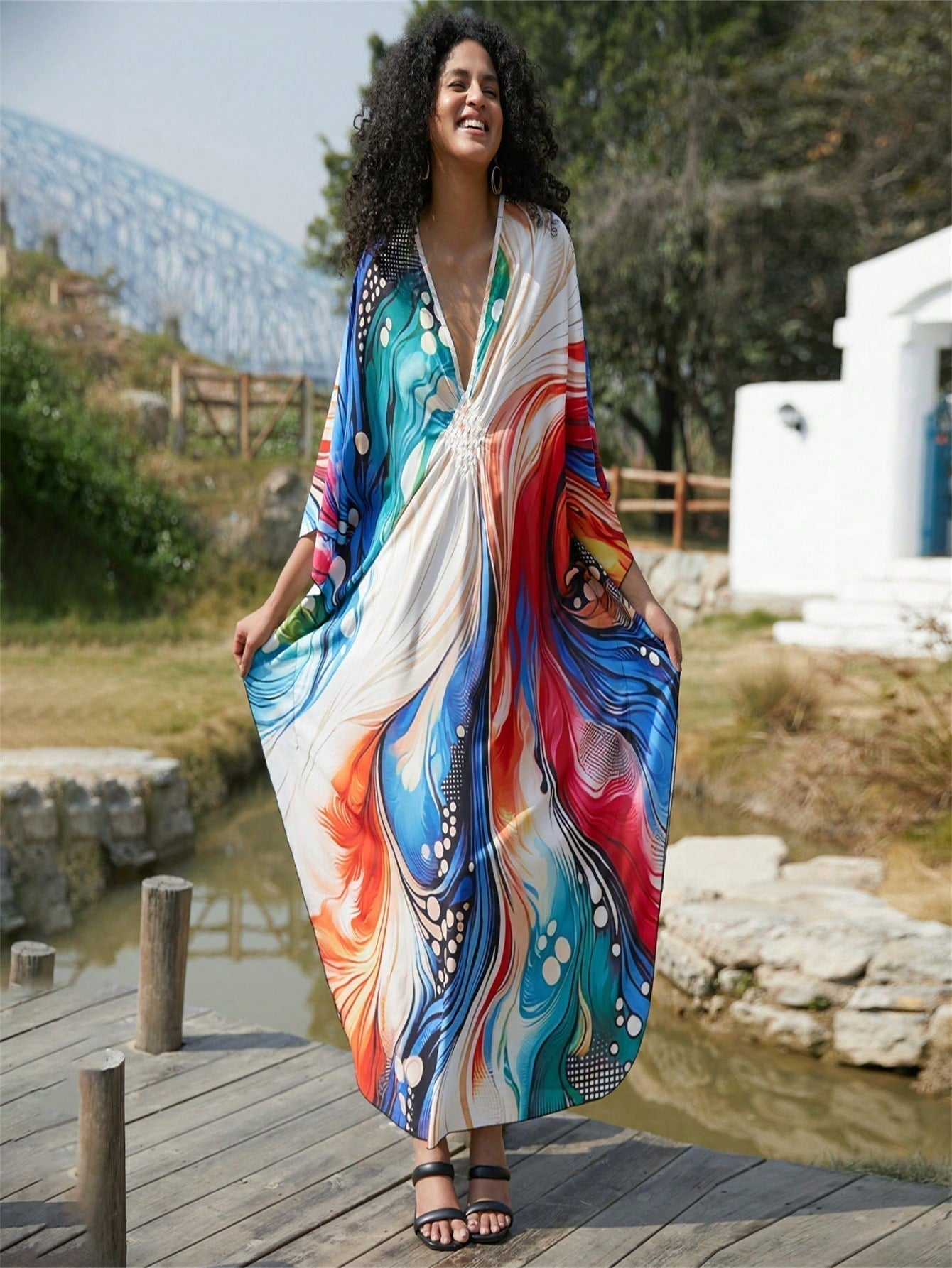 Vestido de punto hecho a mano con aberturas laterales y estampado, vestido de playa de cobertura para mujer