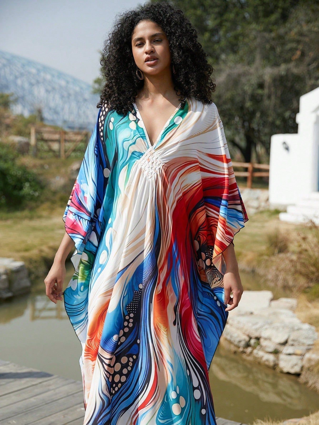 Vestido de punto hecho a mano con aberturas laterales y estampado, vestido de playa de cobertura para mujer