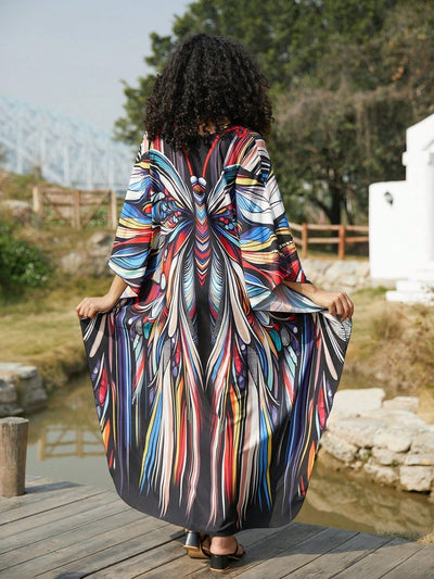 Vestido de punto hecho a mano con aberturas laterales y estampado, vestido de playa de cobertura para mujer