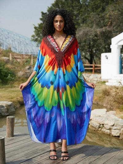 Vestido de punto hecho a mano con aberturas laterales y estampado, vestido de playa de cobertura para mujer