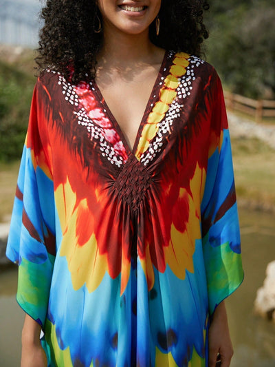 Vestido de punto hecho a mano con aberturas laterales y estampado, vestido de playa de cobertura para mujer