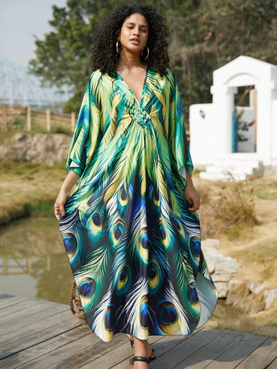 Vestido de punto hecho a mano con aberturas laterales y estampado, vestido de playa de cobertura para mujer