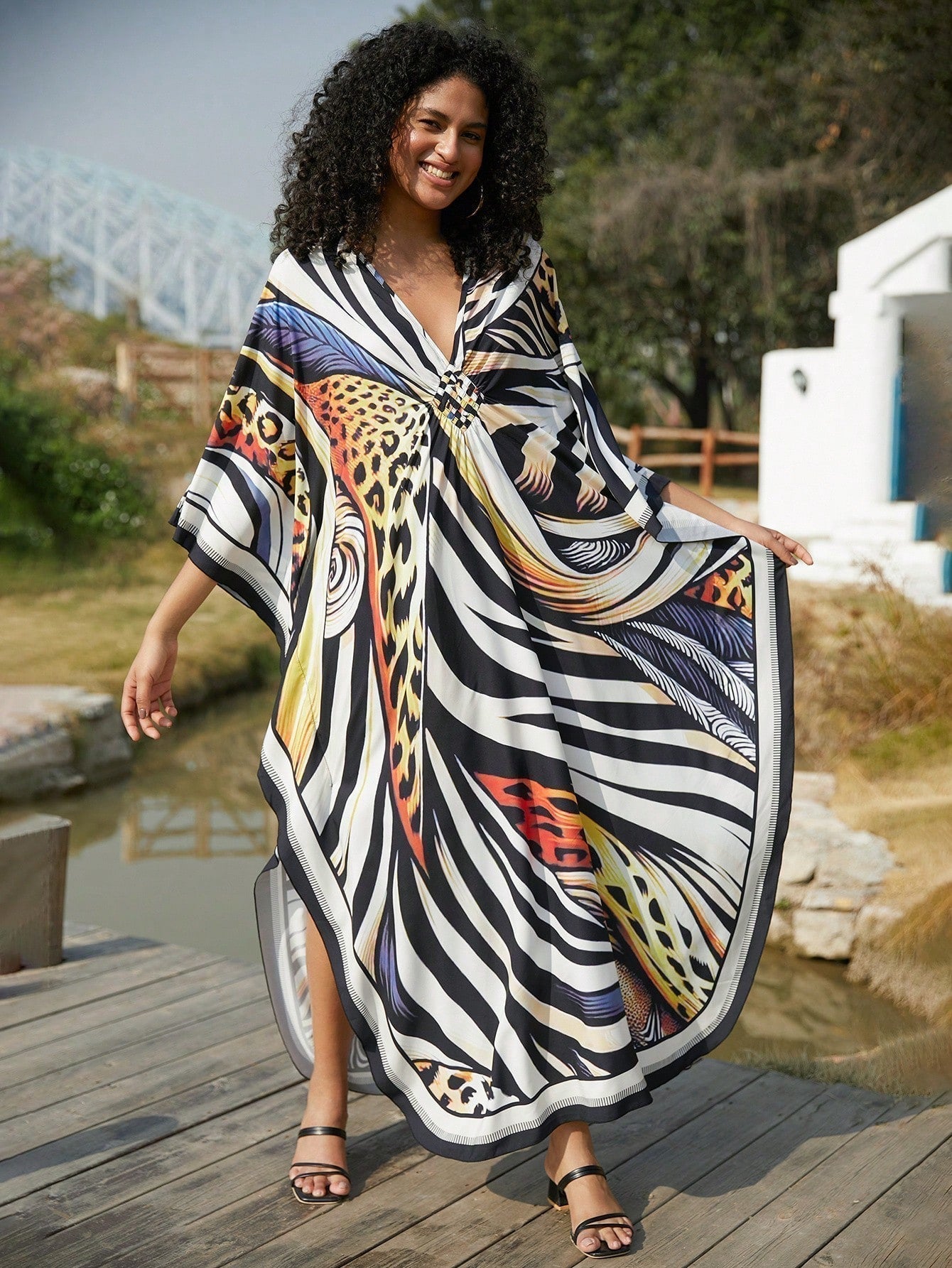 Vestido de punto hecho a mano con aberturas laterales y estampado, vestido de playa de cobertura para mujer