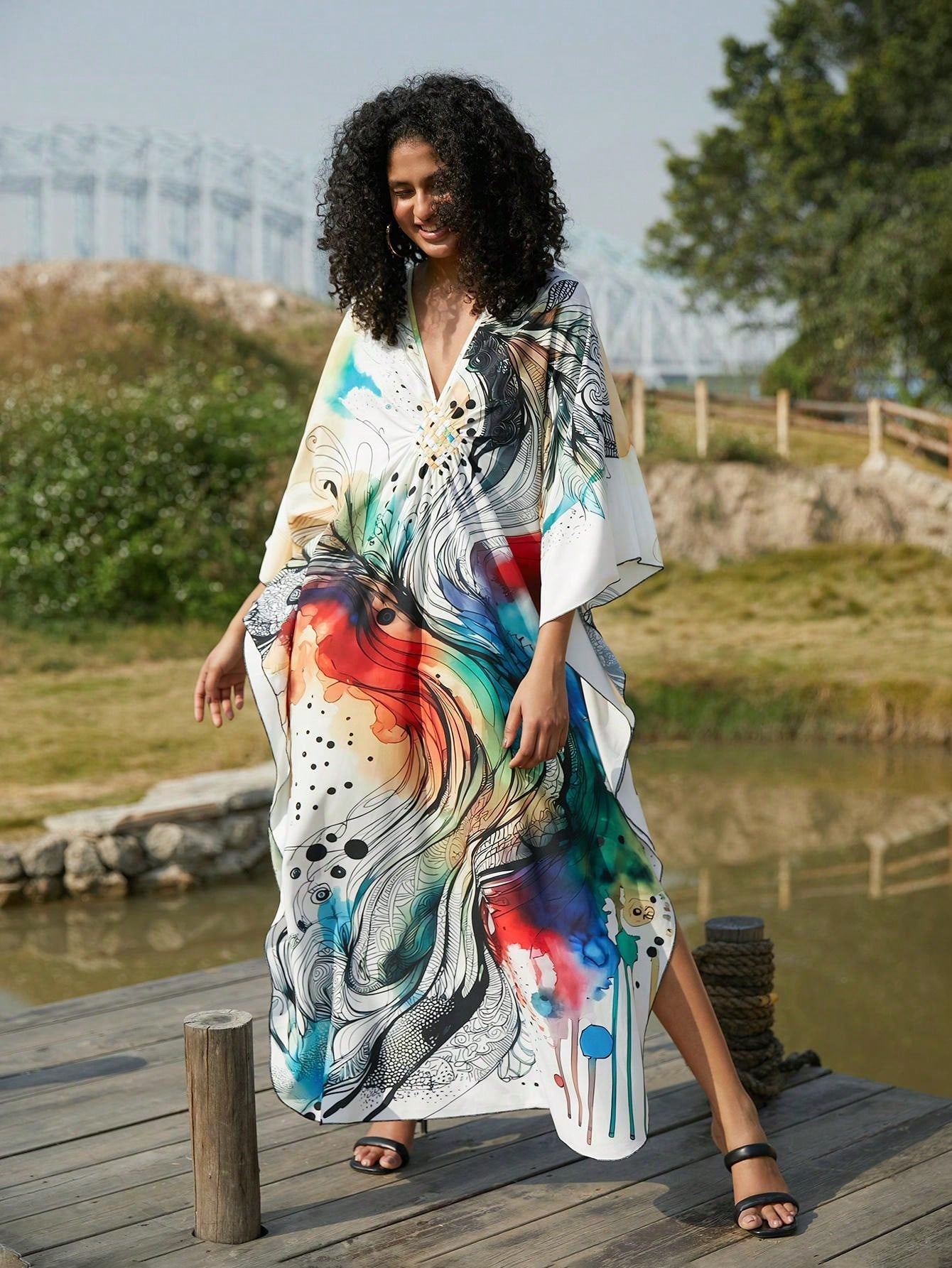 Vestido de punto hecho a mano con aberturas laterales y estampado, vestido de playa de cobertura para mujer