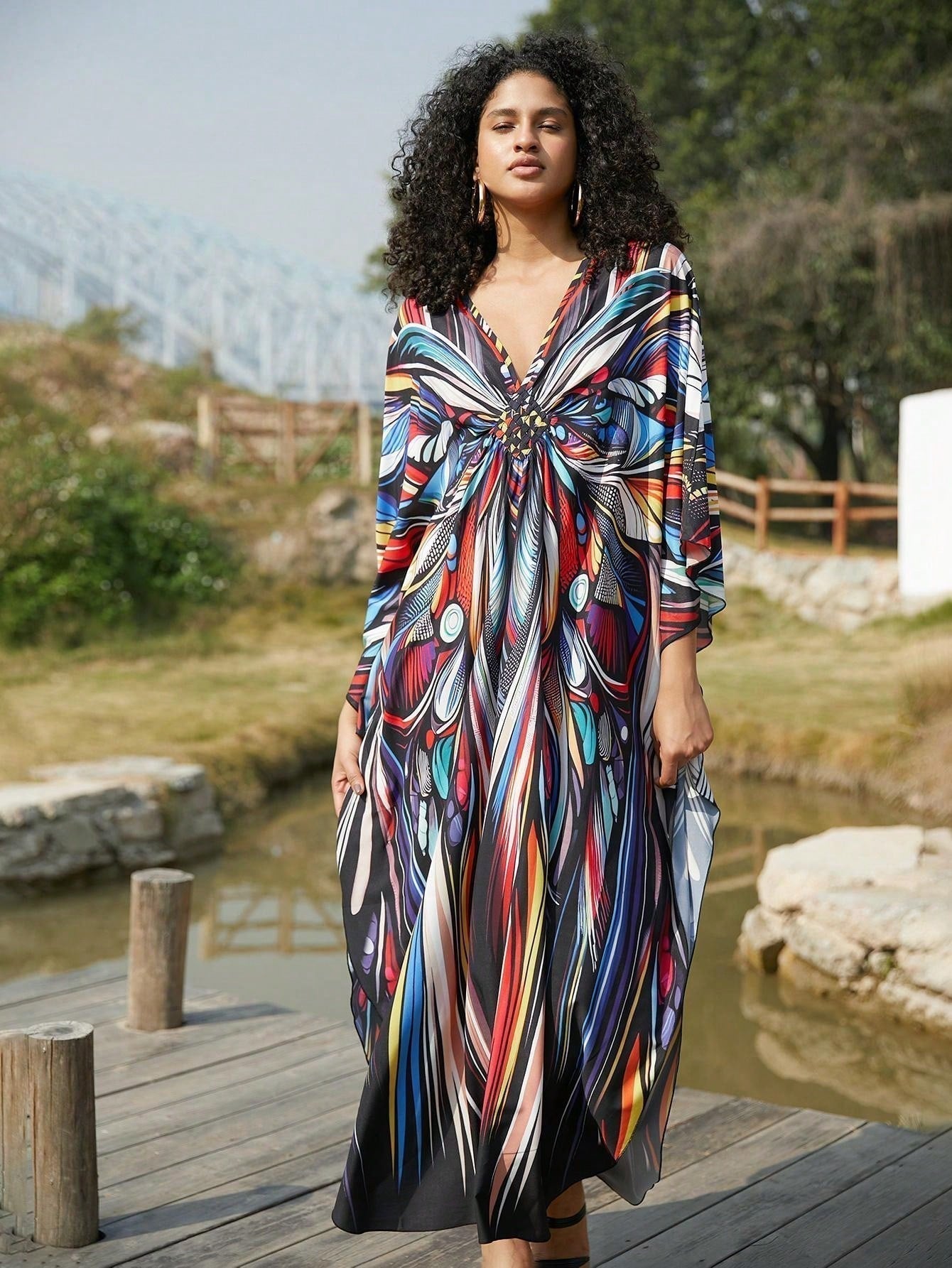 Vestido de punto hecho a mano con aberturas laterales y estampado, vestido de playa de cobertura para mujer