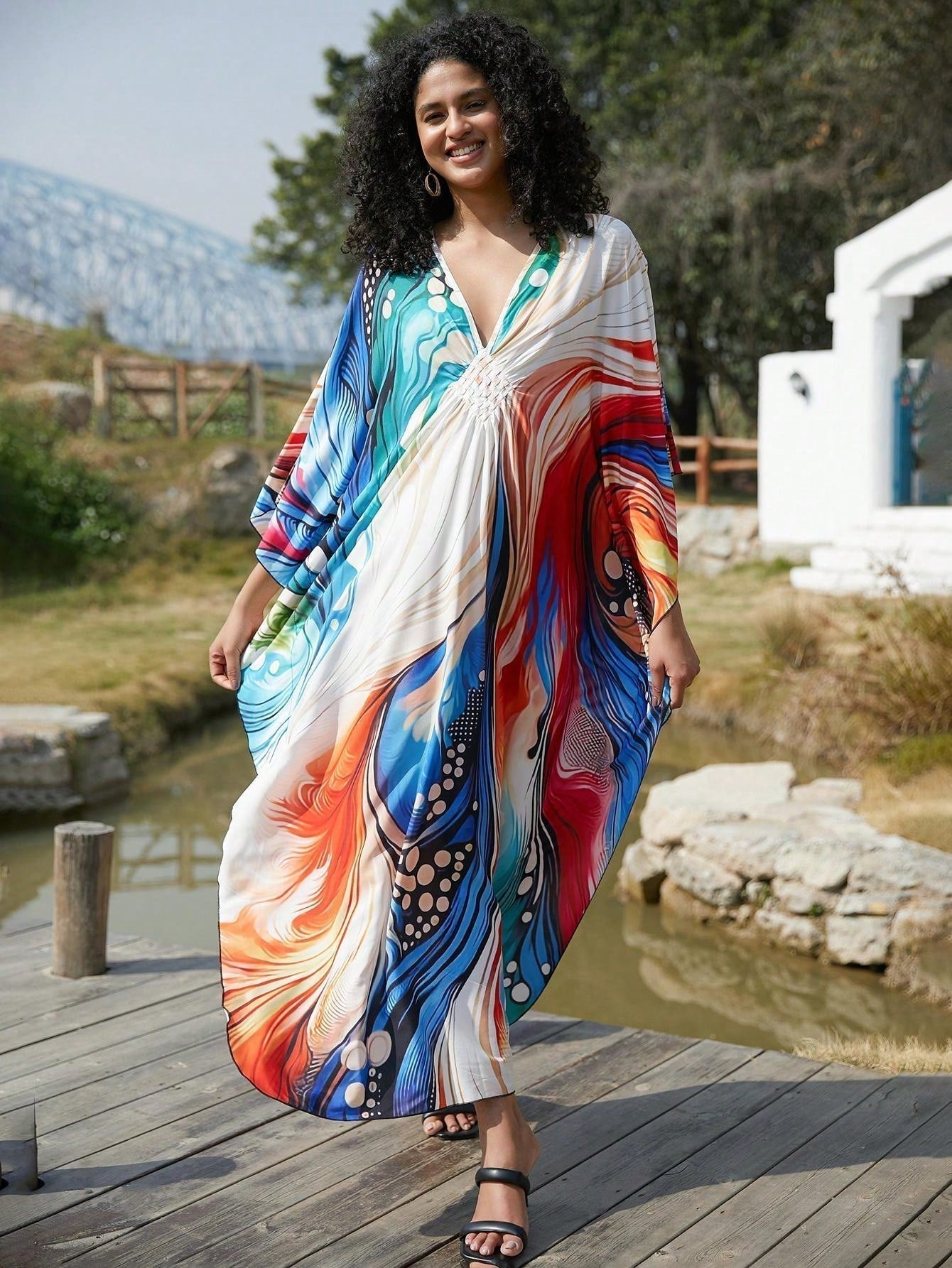 Vestido de punto hecho a mano con aberturas laterales y estampado, vestido de playa de cobertura para mujer