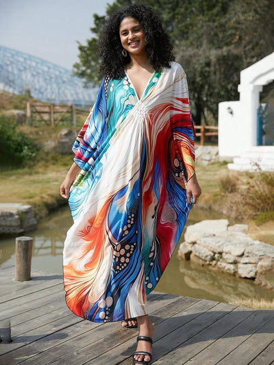 Vestido de punto hecho a mano con aberturas laterales y estampado, vestido de playa de cobertura para mujer
