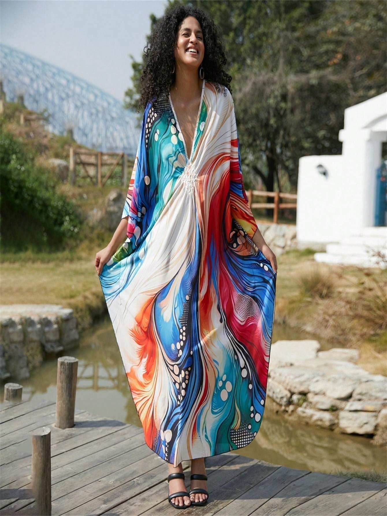 Vestido de punto hecho a mano con aberturas laterales y estampado, vestido de playa de cobertura para mujer