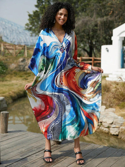 Vestido de punto hecho a mano con aberturas laterales y estampado, vestido de playa de cobertura para mujer