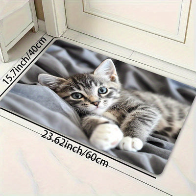 Diseño Encantador de Gato Acostado en la Cama - Alfombra Versátil para Sala de Juegos, Baño, Cocina y Espacios de Estar - Alfombra de Poliéster Lavable a Máquina con Base Antideslizante de PVC