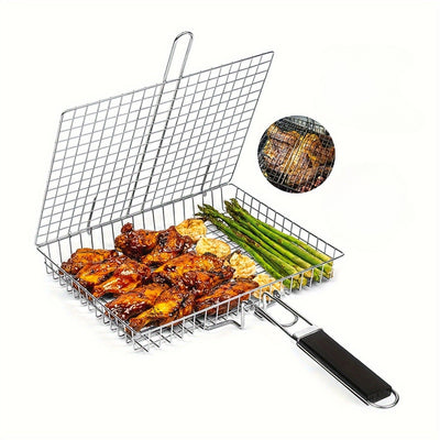 1pc Cesta para Parrilla BBQ de Alta Resistencia con Mango Ergonómico - Volteador Metálico Antioxidante para Carne, Filetes y Verduras - Ideal para Camping, Picnics y Cocina al Aire Libre, Accesorios para Parrillas, Herramienta Duradera para Asar