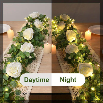 1 pza. guirnalda artificial de eucalipto estilo glam con luces LED y rosas, decoración falsa con detalles champán para mesa, chimenea, pared, arco, fiesta de bodas, funciona con baterías (2 AA no incluidas)