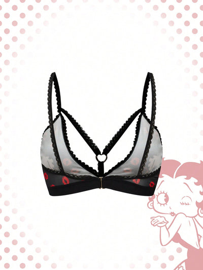 Betty boop | romwe 1 pieza sujetador acolchado inalambrico con decoracion de personaje de dibujos animados y estampado de labios con forma de corazon