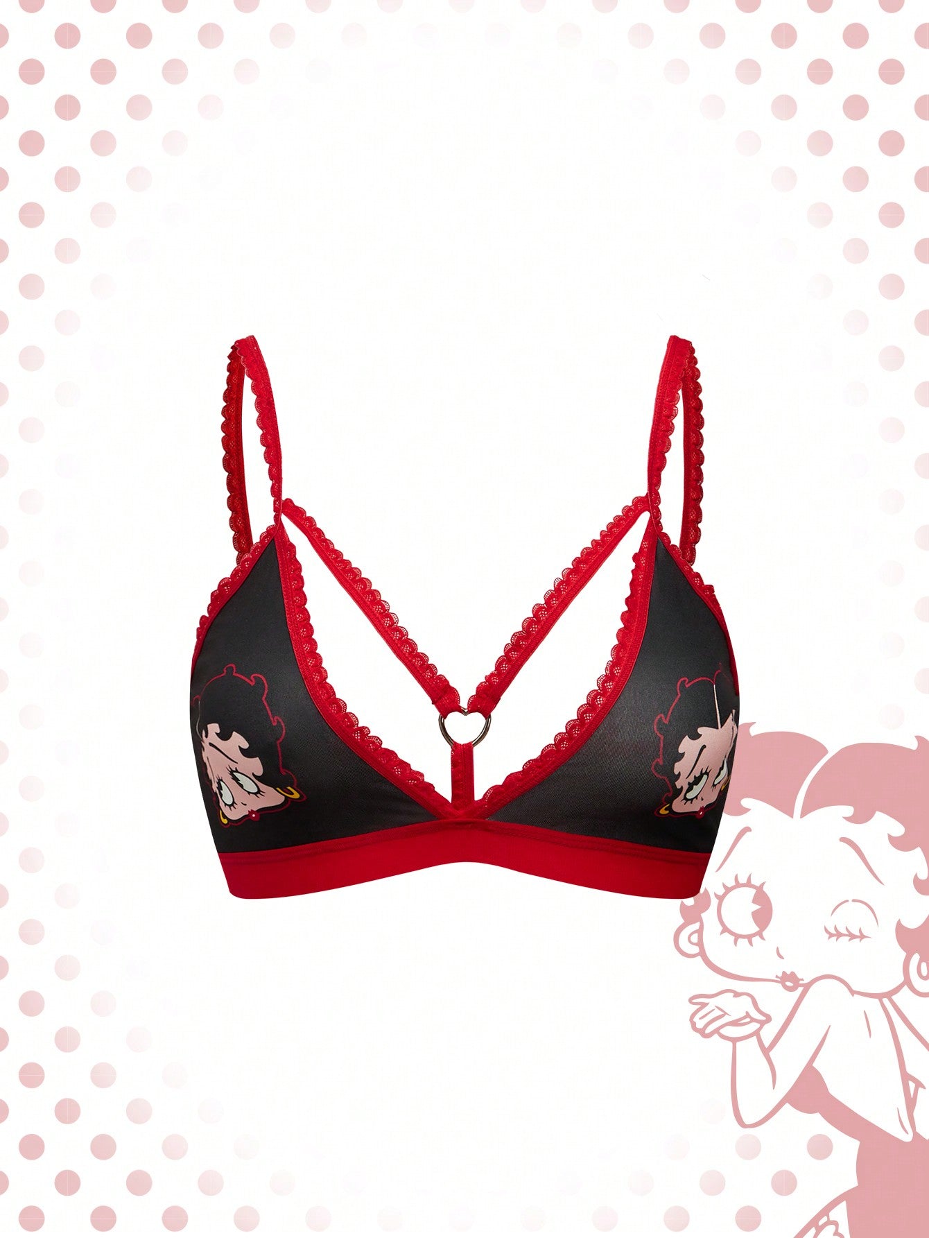 Betty boop | romwe 1 pieza sujetador acolchado inalambrico con decoracion de personaje de dibujos animados y estampado de labios con forma de corazon