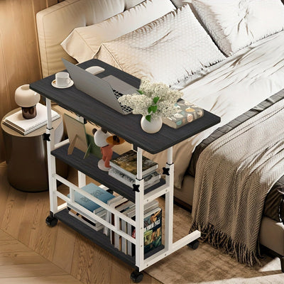 Escritorio Plegable Ergonómico Ajustable en Altura con Ruedas y Estante de Almacenamiento - Marco Blanco, Superficie Negra, Diseño Compacto para Dormitorio, Sala de Estar o Uso de Oficina al Aire Libre
