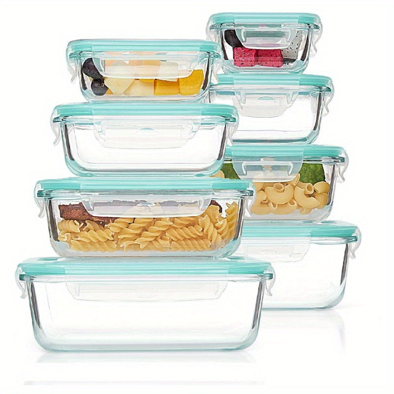Juego de 8 Contenedores de Vidrio para Preparación de Comidas, Apto para Microondas, Horno, Congelador y Lavavajillas, Juego de Contenedores de Vidrio para Almacenamiento Saludable de Alimentos, Frutas, Snacks y Sobras, Libre de BPA