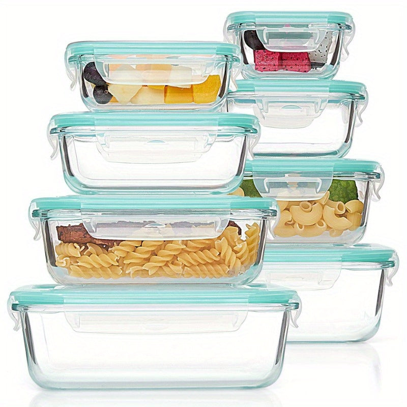 Juego de 8 Contenedores de Vidrio para Preparación de Comidas, Apto para Microondas, Horno, Congelador y Lavavajillas, Juego de Contenedores de Vidrio para Almacenamiento Saludable de Alimentos, Frutas, Snacks y Sobras, Libre de BPA